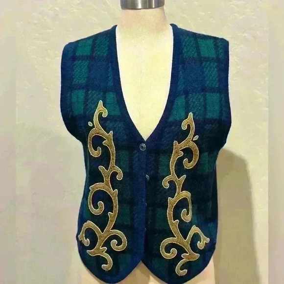 Vintage Tartan Plaid Embroidered Detail Knit Vest Sz M by Portraits - Picture 1 of 9